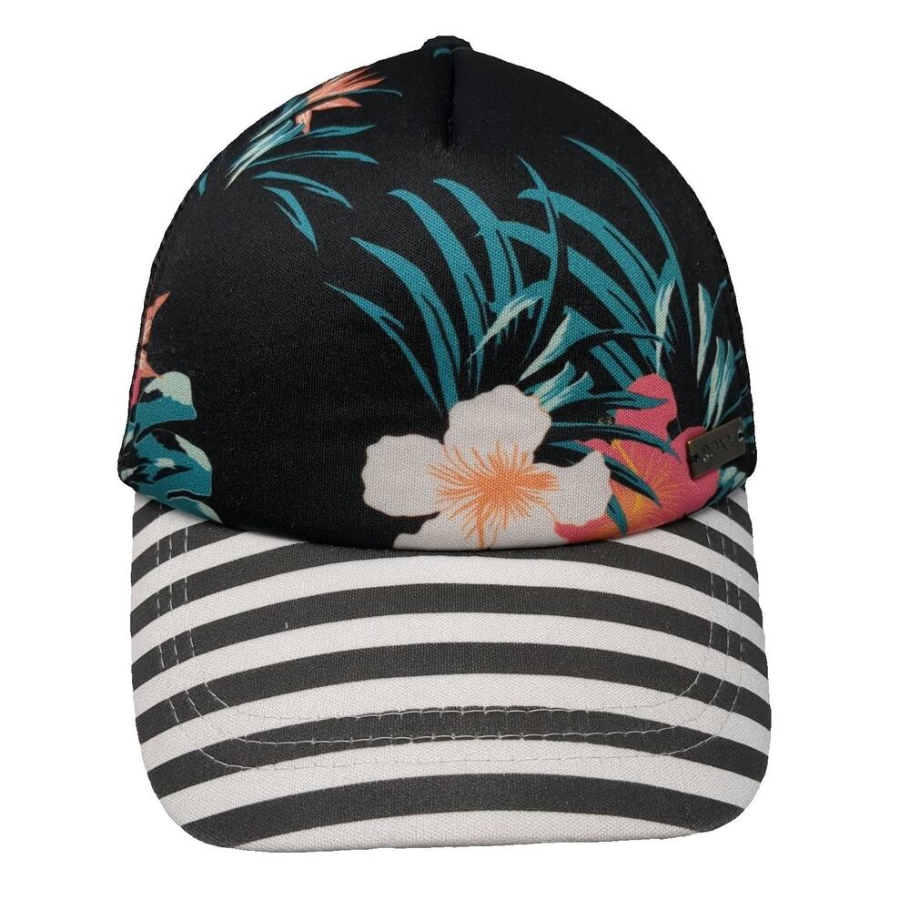 Roxy Trucker Hat Black Floral Hibiscus Striped One Size Mesh Snapback Bill